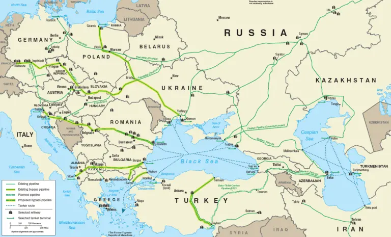 Karte der Pipelines in Europa. Die Adria-Ölpipeline verläuft durch Serbien, Kroatien und Ungarn. (Wikipedia)