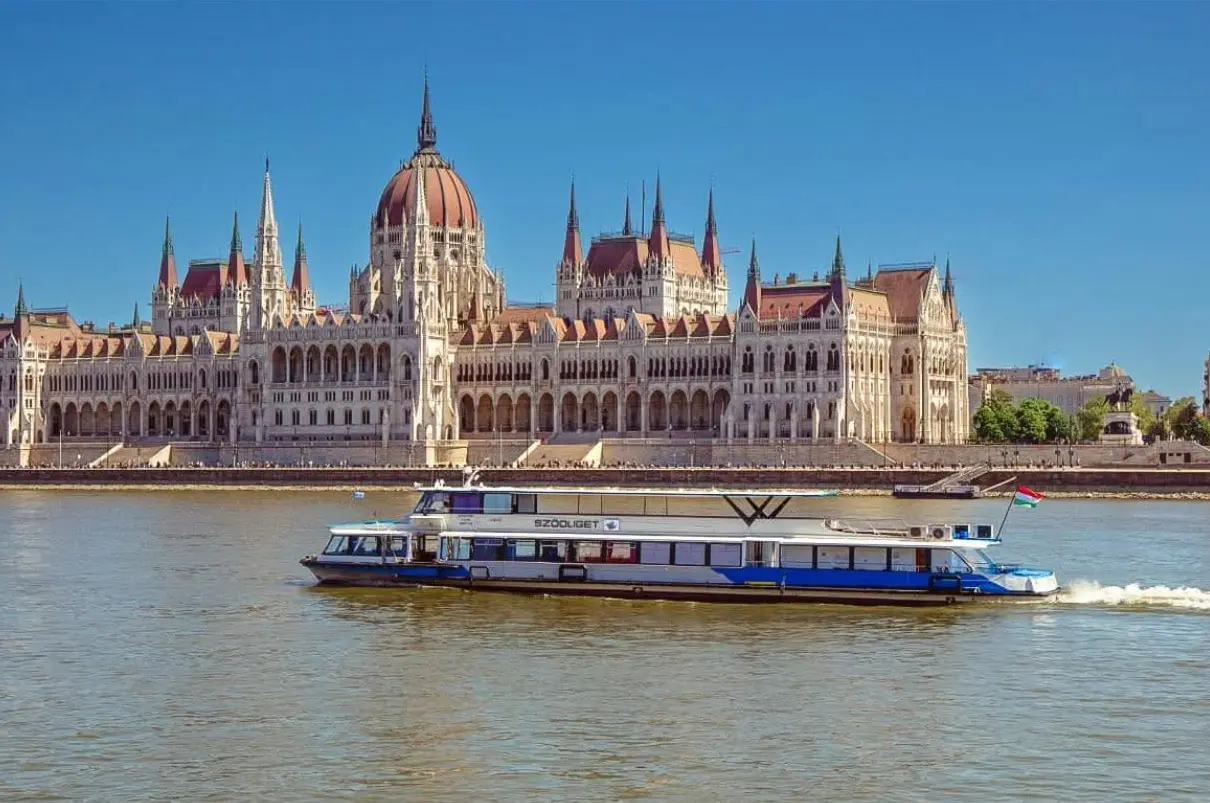 Donau fließt, im Hintergrund das Parlament von Budapest. Foto: Mahart Cruises