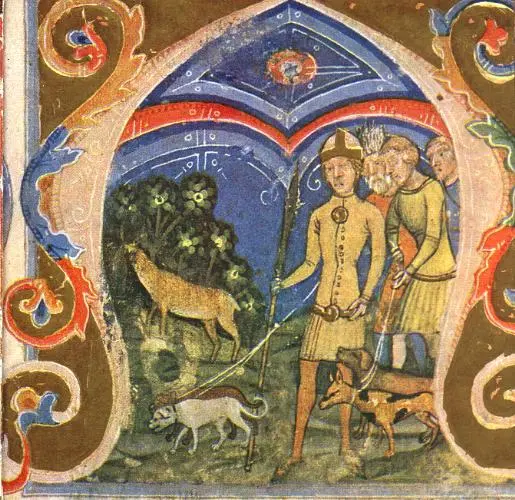Ungarische Bilderchronik, „Hunor und Magor auf der Jagd nach dem Wunderhirsch“ (1360)