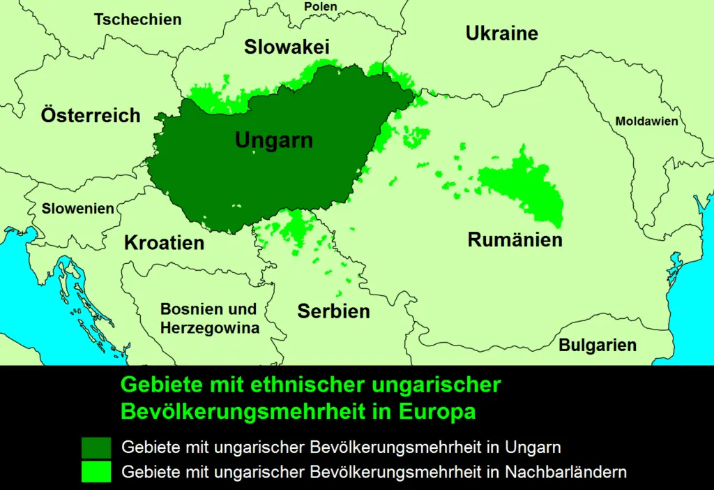 Ungarische Bevölkerungsmehrheiten ausserhalb Ungarns. Grafik: Wikipedia
