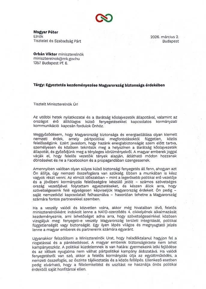 „Offizieller Vorstoß: Das Schreiben von Péter Magyar an Viktor Orbán vom 2. März 2026 zur Sicherheitslage und der Barátság-Pipeline.“
