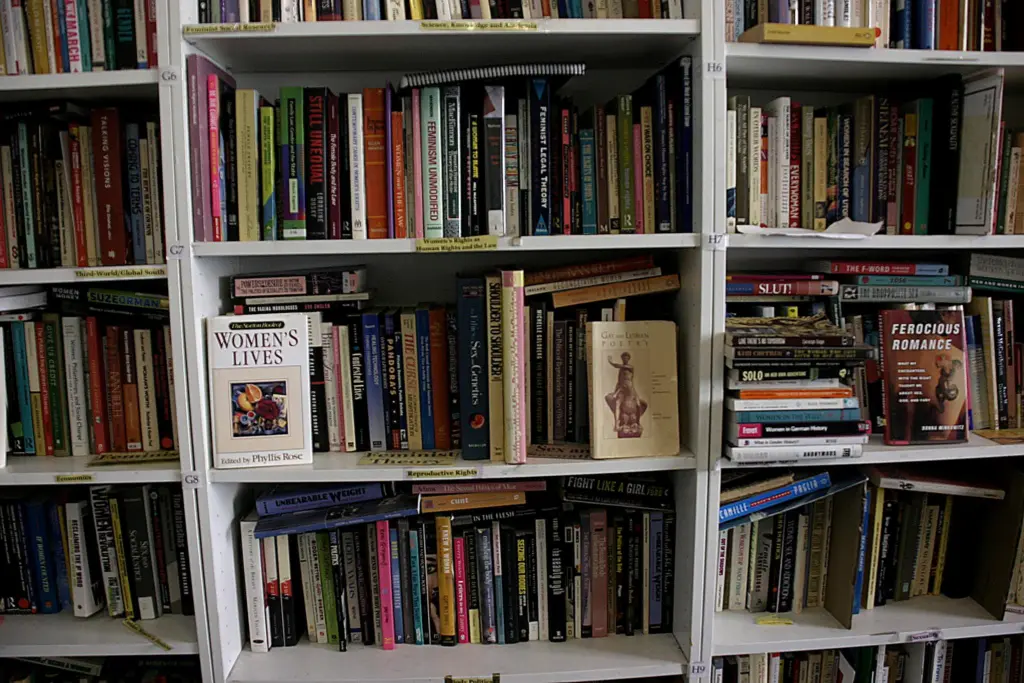 Auswahl an Büchern in Antonia Burrows "Public Library", darunter das Thema "Reproductive Rights.