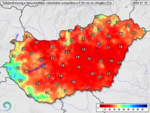 Bodenfeuchte in den oberen 50 cm des Bodens im Verhältnis zum pflanzenverfügbaren Wassergehalt am 19. Juli 2026 (%)