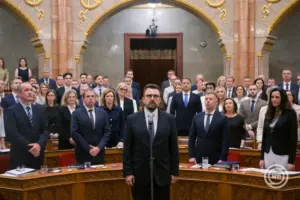 Pál Sonnevend, newly elected constitutional court judge takes an oath during the extraordinary session of the National Assembly in Budapest, 27July 2026. Behind Sonnevend Hungarian Prime Minister Péter Magyar (2-R), Foreign Minister Anita Orbán (R), Minister heading the Prime Minister's Office Bálint Ruff (2-L) and Minister of Health Zsolt Hegedűs (L) are seen. MTI/Zoltan Balogh