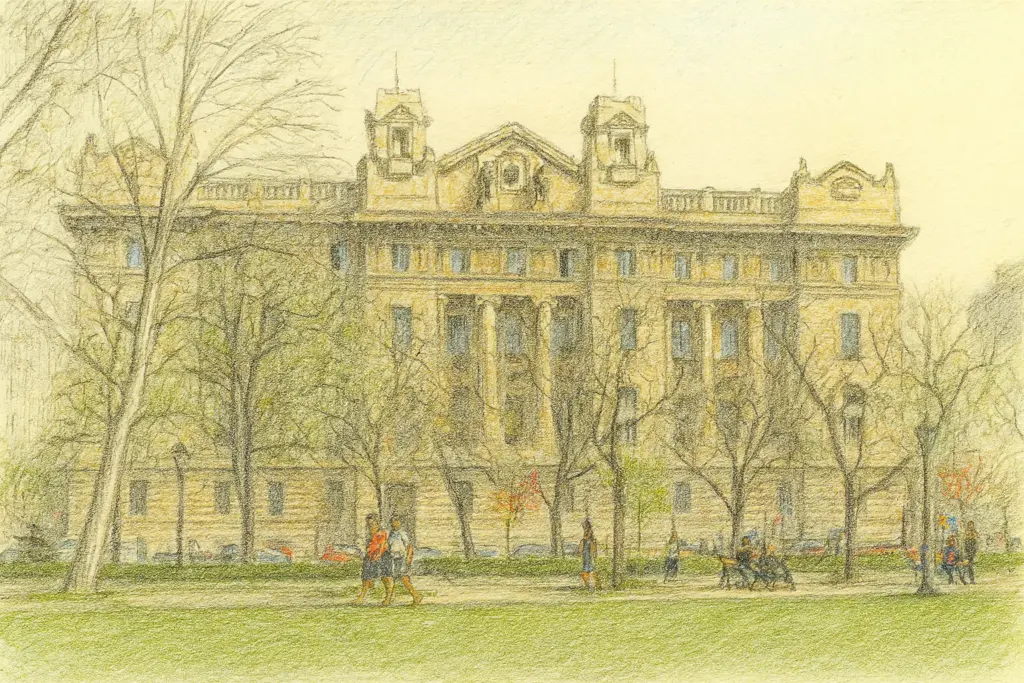 Außenansicht der Westfassade der Ungarischen Nationalbank in Budapest mit klassizistischer Steinarchitektur.