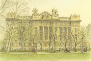 Außenansicht der Westfassade der Ungarischen Nationalbank in Budapest mit klassizistischer Steinarchitektur.