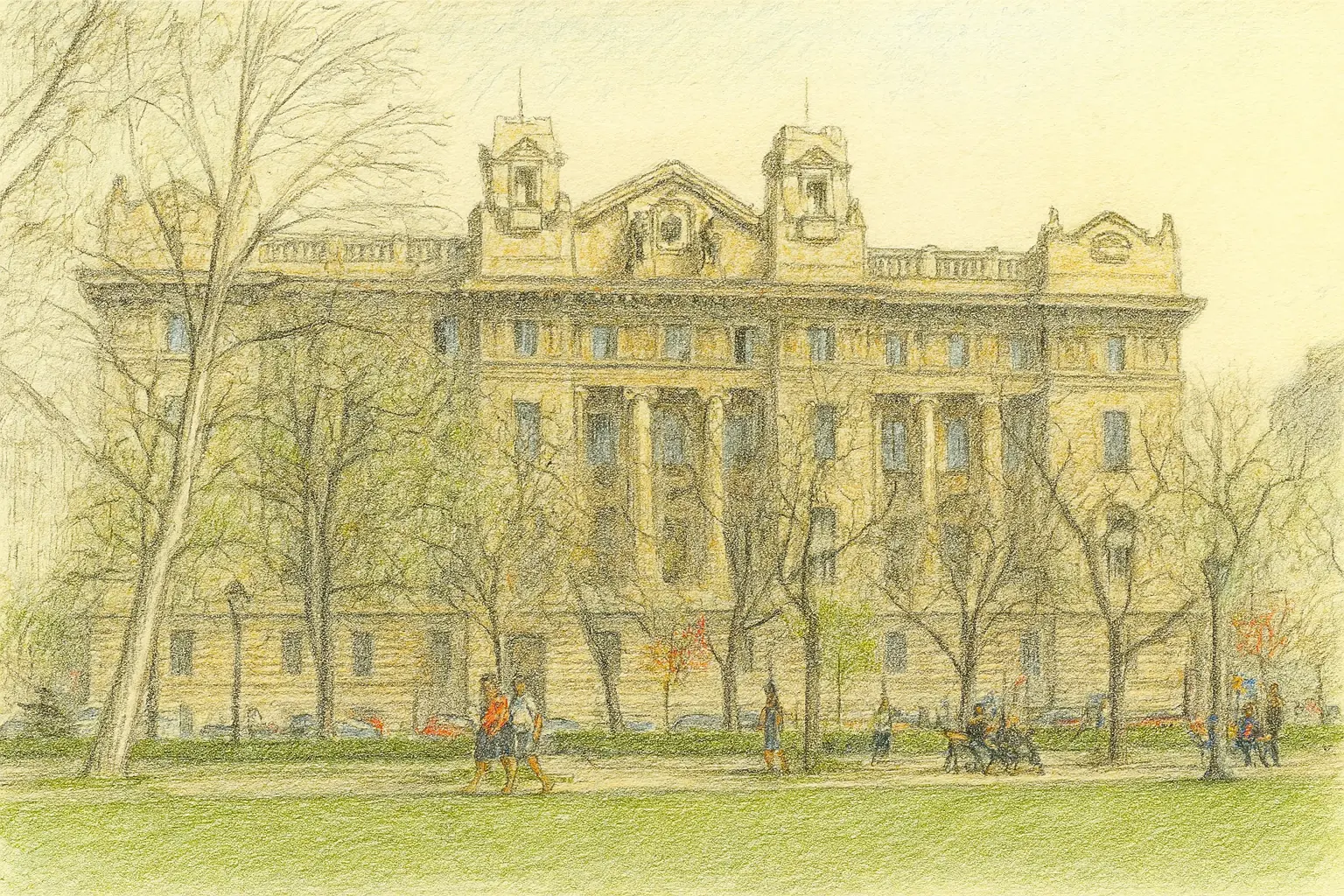 Außenansicht der Westfassade der Ungarischen Nationalbank in Budapest mit klassizistischer Steinarchitektur.
