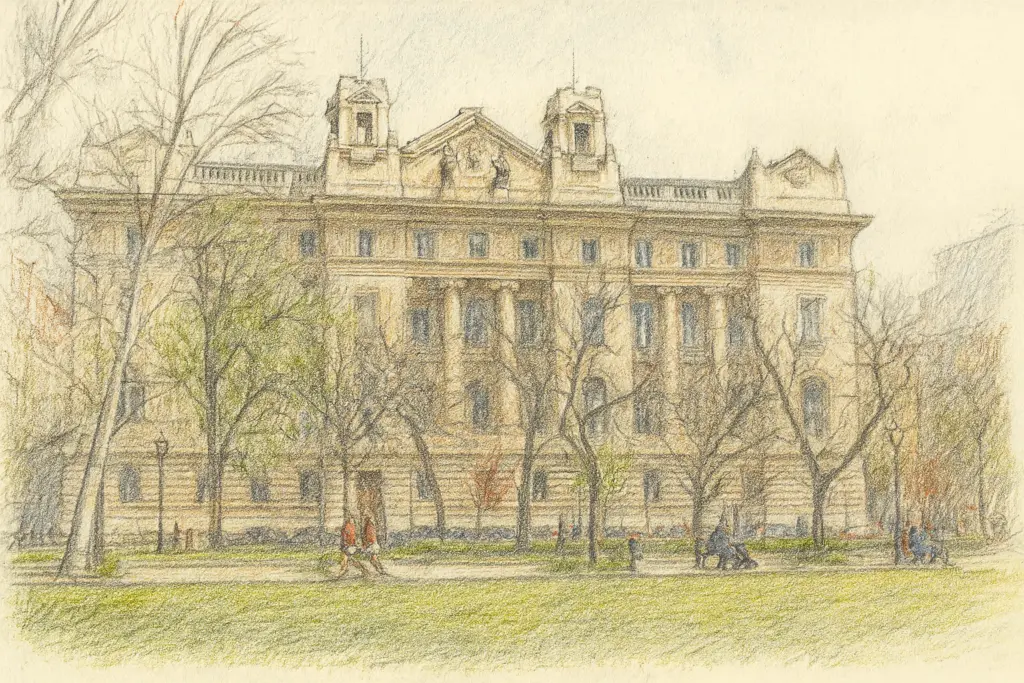 Steinerne Westfassade des Gebäudes der Ungarischen Nationalbank in Budapest mit mehreren Fenstern und architektonischen Verzierungen.