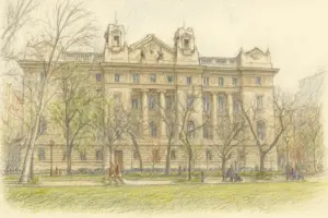 Steinerne Westfassade des Gebäudes der Ungarischen Nationalbank in Budapest mit mehreren Fenstern und architektonischen Verzierungen.