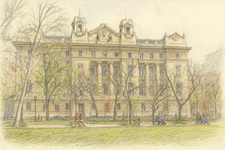 Steinerne Westfassade des Gebäudes der Ungarischen Nationalbank in Budapest mit mehreren Fenstern und architektonischen Verzierungen.