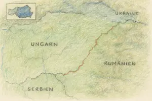 Reliefkarte mit dem Grenzverlauf zwischen Rumänien und Ungarn, mit eingezeichneten Staatsgrenzen und Landschaftsstrukturen.
