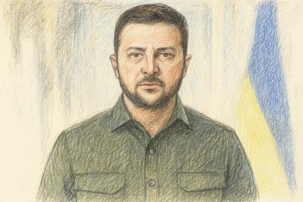 Offizielles Porträt des ukrainischen Präsidenten Wolodymyr Selenskyj, frontal aufgenommen vor dunklem Hintergrund, im Anzug mit Krawatte.