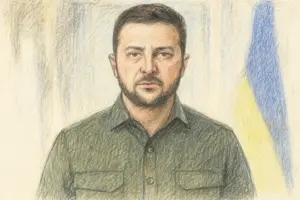 Offizielles Porträt des ukrainischen Präsidenten Wolodymyr Selenskyj, frontal aufgenommen vor dunklem Hintergrund, im Anzug mit Krawatte.