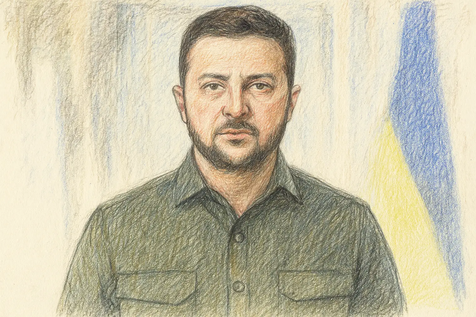 Offizielles Porträt des ukrainischen Präsidenten Wolodymyr Selenskyj, frontal aufgenommen vor dunklem Hintergrund, im Anzug mit Krawatte.
