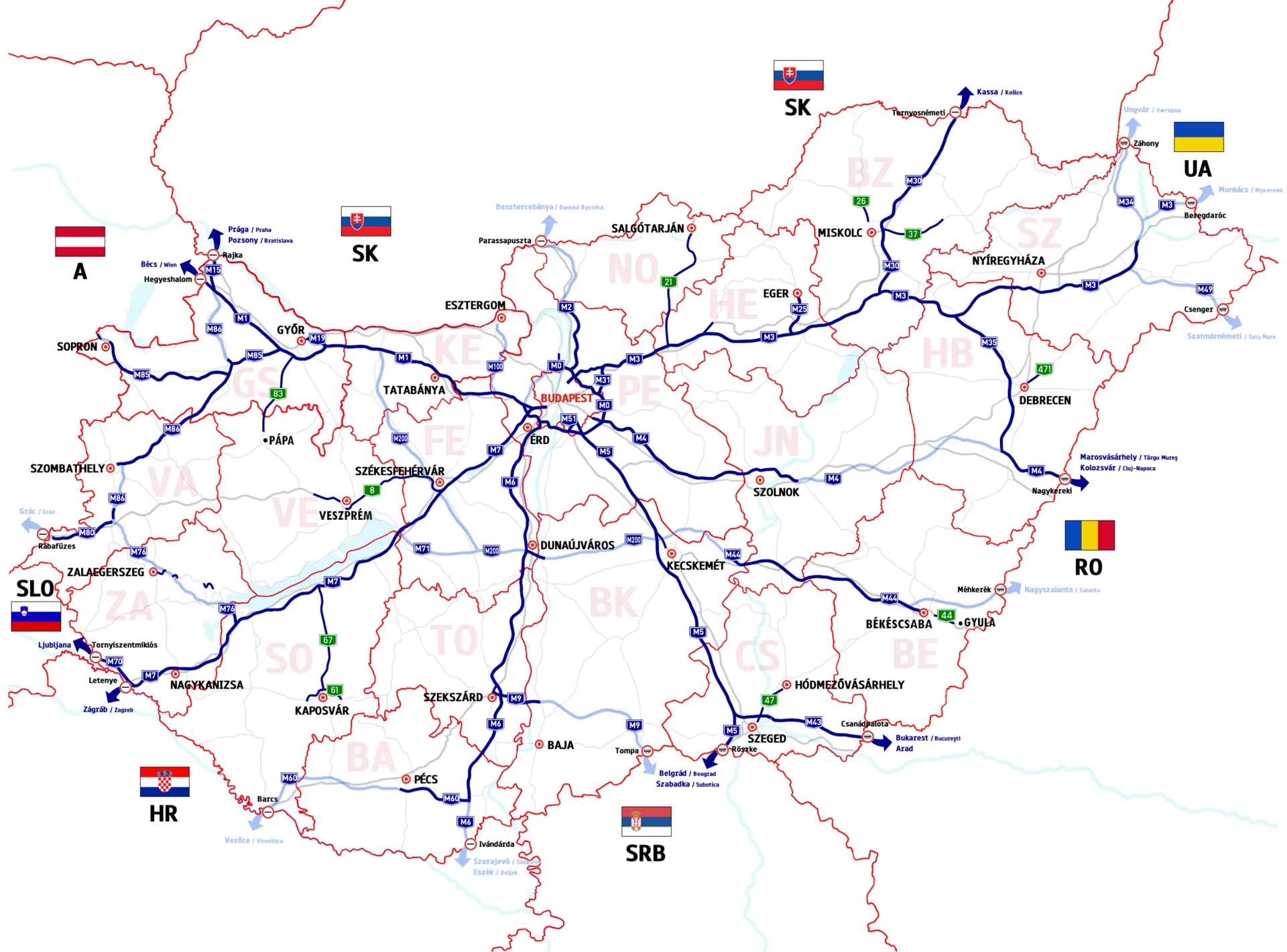 Karte von Ungarn mit dem Verlauf der Autobahnen, Schnellstraßen und weiteren wichtigen Fernstraßen.