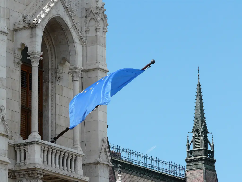 Blick auf das ungarische Parlamentsgebäude in Budapest mit einer wehenden EU‑Flagge im Vordergrund.