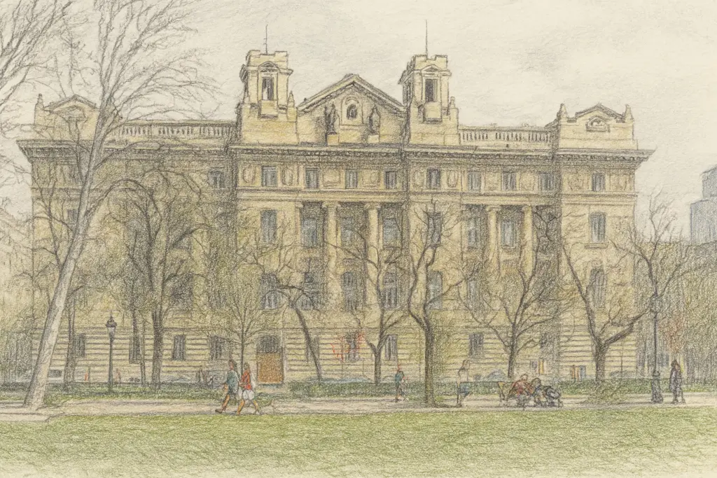 Westliche Fassade der Ungarischen Nationalbank in Budapest mit detailliert gestalteter Steinarchitektur.