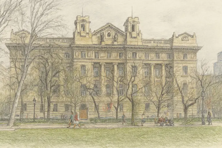 Westliche Fassade der Ungarischen Nationalbank in Budapest mit detailliert gestalteter Steinarchitektur.