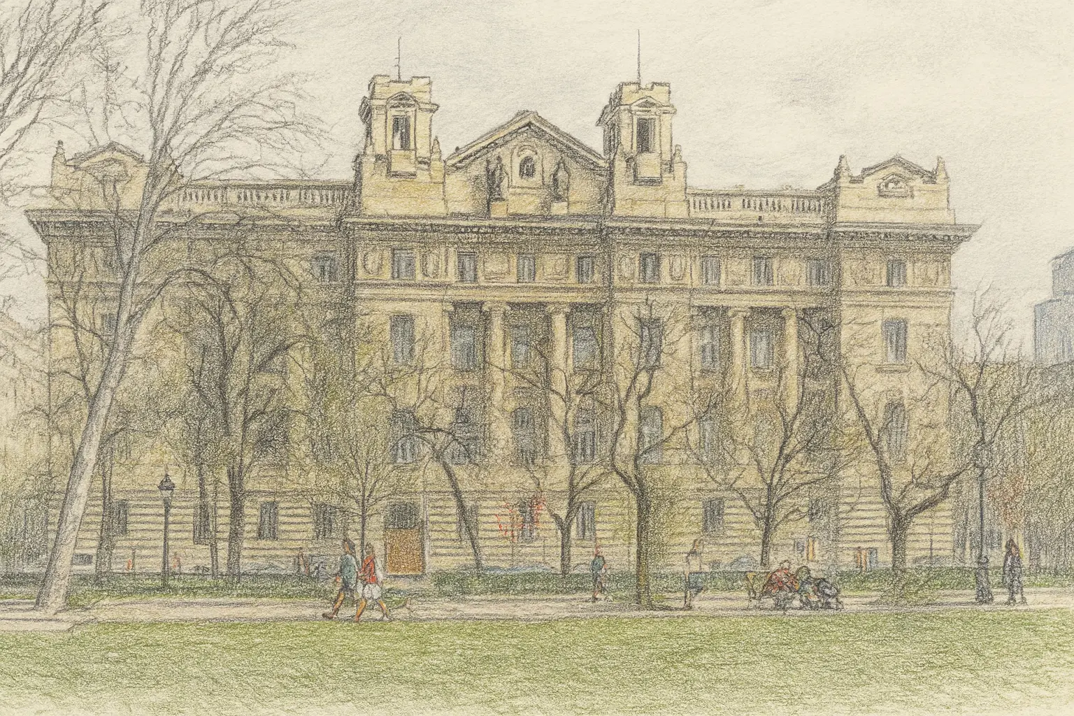 Westliche Fassade der Ungarischen Nationalbank in Budapest mit detailliert gestalteter Steinarchitektur.