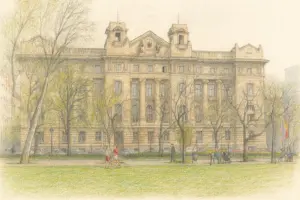 Westliche Außenfassade der Ungarischen Nationalbank in Budapest mit monumentaler Steinarchitektur.