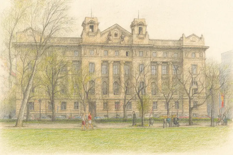Westliche Außenfassade der Ungarischen Nationalbank in Budapest mit monumentaler Steinarchitektur.