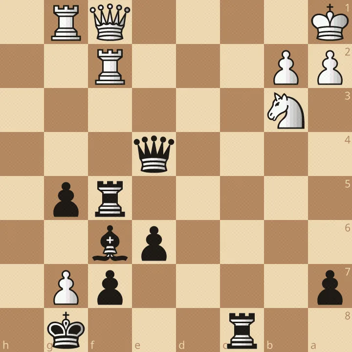 Erstes Diagramm: weißer König auf h8, Dame c8, Türme b8 und c7 sowie Springer g6 bedrängen den schwarzen König auf b1; schwarze Dame steht auf d5, Türme auf c4 und f1, Läufer c3 und mehrere Bauern, Schwarz ist am Zug.