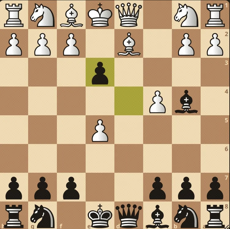 Weißer König e1, Dame d1, Läufer d2 und f1, Springer b1 und g1; schwarzer König e8, Dame d8, Läufer b4 und c8, Springer b8 und g8, schwarzer Bauer bereits auf e3 vorgedrungen; Weiß steht vor der Entscheidung, den Läufer auf b4 zu schlagen.