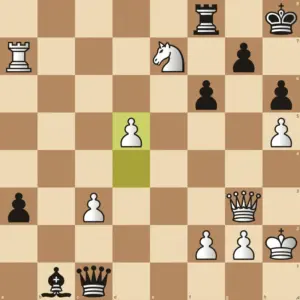 Weißer König h2, Dame g3, Turm a7 und Springer e7; schwarzer König h8, Turm f8, Dame c1 und Läufer b1; ein weißer Bauer steht bereits auf d5 und schränkt die schwarzen Figuren ein.