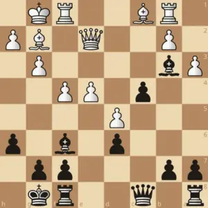 Weißer König auf b8, weiße Türme auf c8 und g8, Dame d7 und Läufer b7 und f8; schwarze Läufer auf c3 und g6 sowie Dame f1 zielen auf die weißen Schwerfiguren, Schwarz ist am Zug und kann mindestens einen Turm gewinnen.