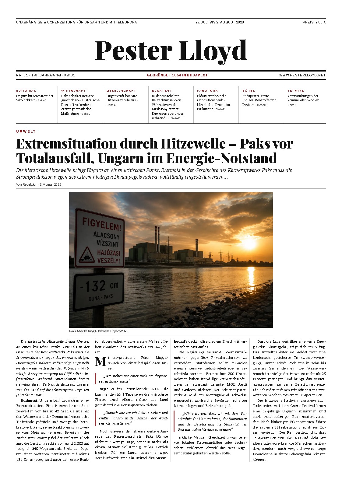 Pester Lloyd – Wochenzeitung Nr. 31/2026 – Titelseite
