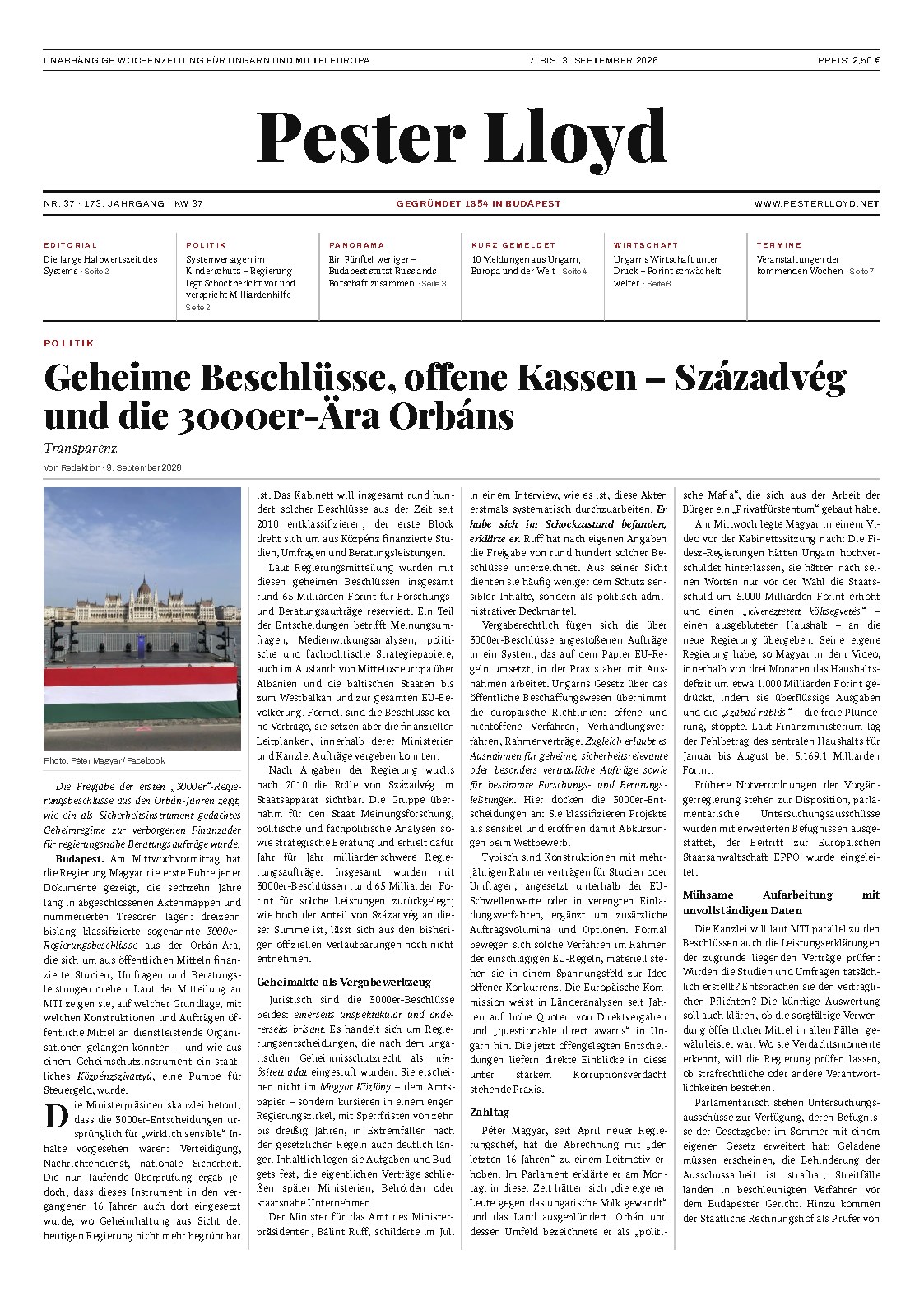 Pester Lloyd – Wochenzeitung Nr. 37/2026 – Titelseite