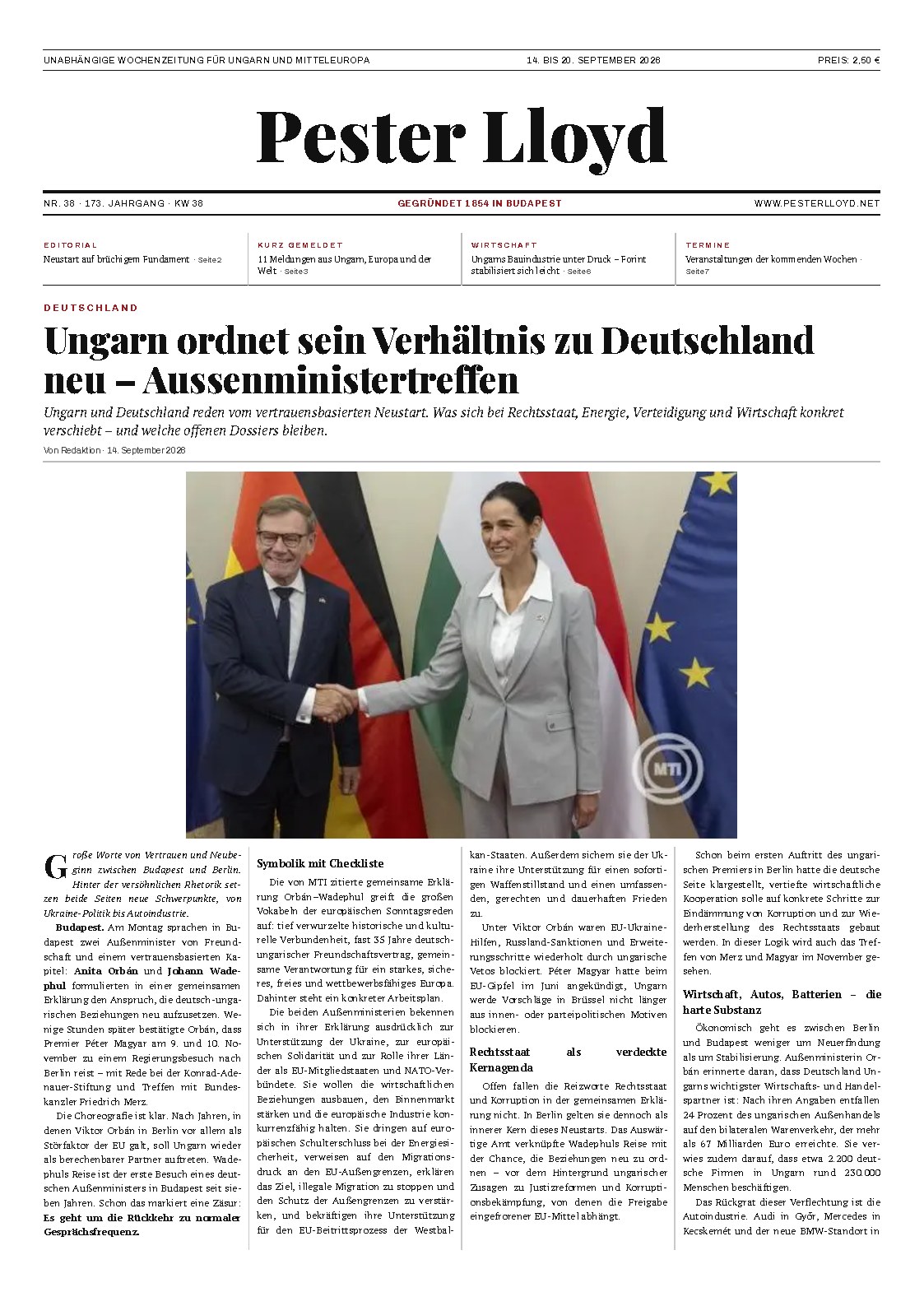 Titelseite der aktuellen Pester-Lloyd-Wochenzeitung