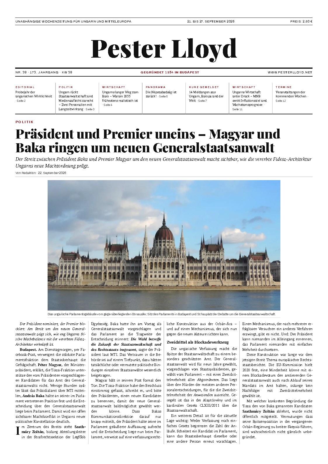 Pester Lloyd – Wochenzeitung Nr. 39/2026 – Titelseite