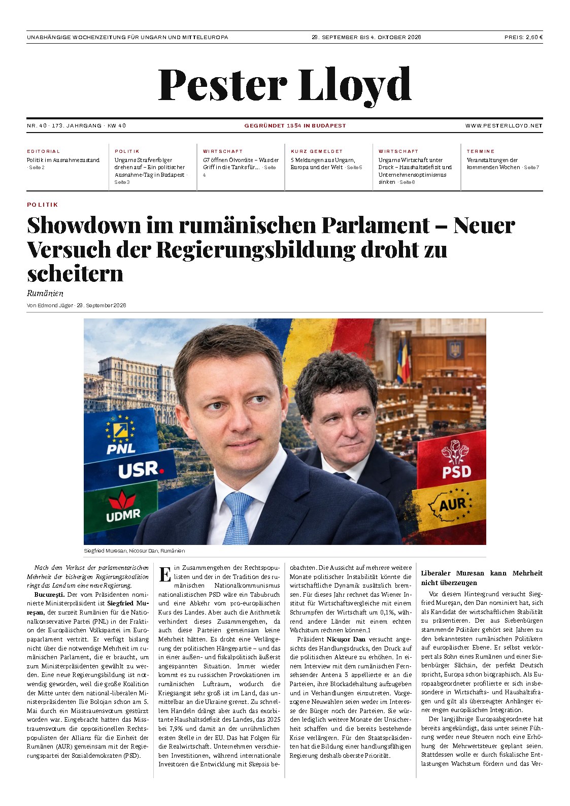 Titelseite der aktuellen Pester-Lloyd-Wochenzeitung