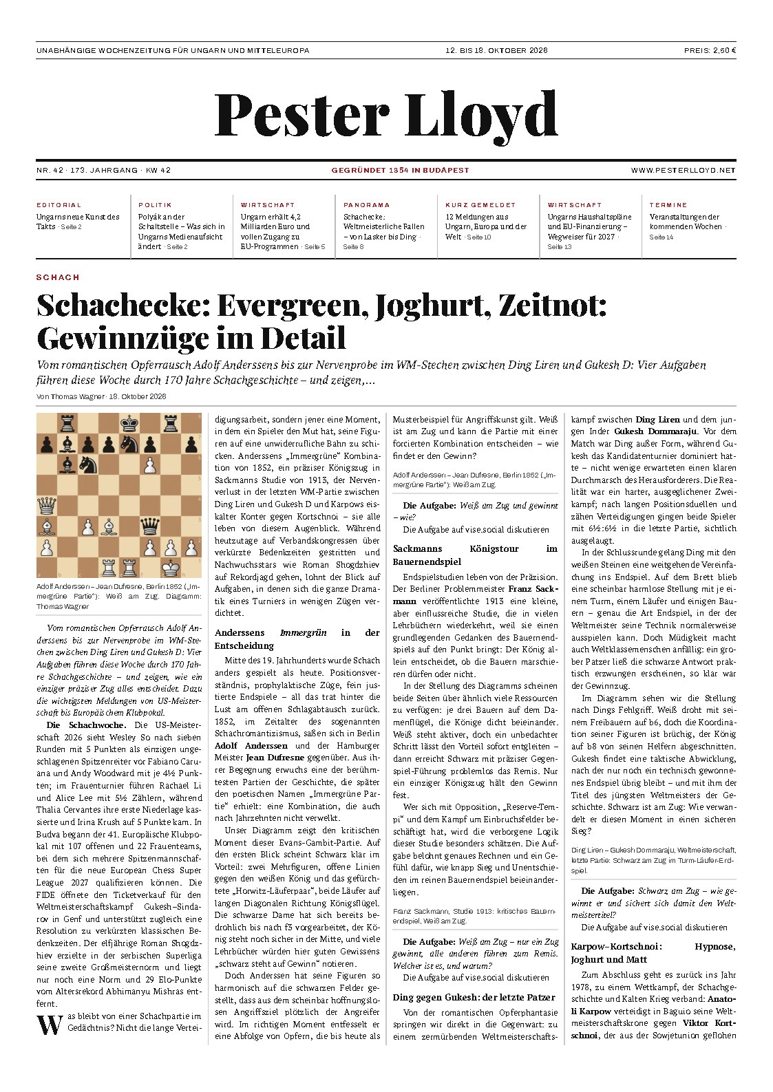 Pester Lloyd – Wochenzeitung Nr. 42/2026 – Titelseite