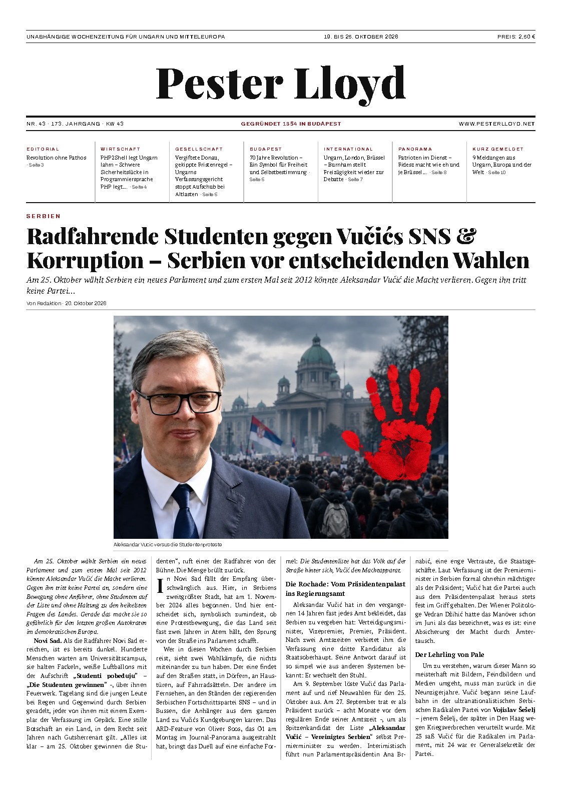 Titelseite der aktuellen Pester-Lloyd-Wochenzeitung